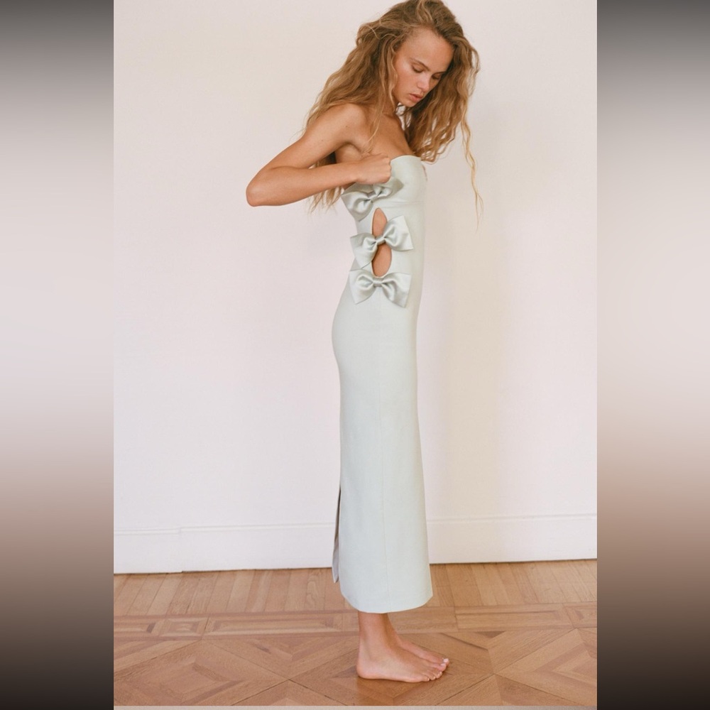 Zara NWT Sage Bow-Accent Cutout Midi Dress